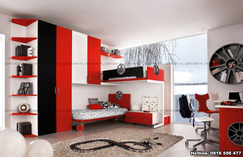 Thiết kế phòng ngủ của bé với gam màu đỏ trắng